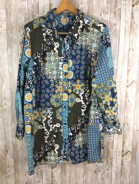 Jessica London Button Down Top Colorful  Womens 26W Long Sleeves Cotton Blend